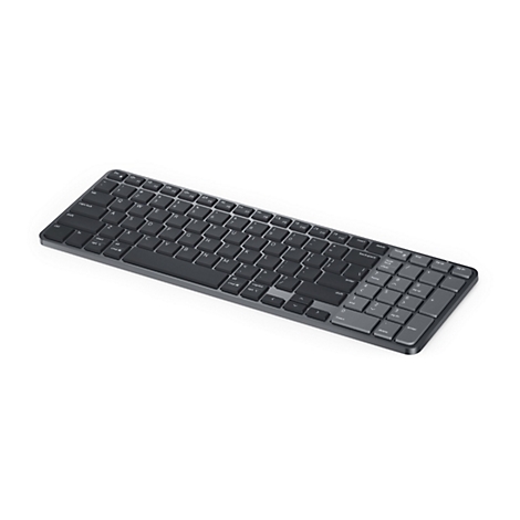 Dunkelgraue, flache kabellose Computertastatur mit Nummernblock in perspektivischer Ansicht.