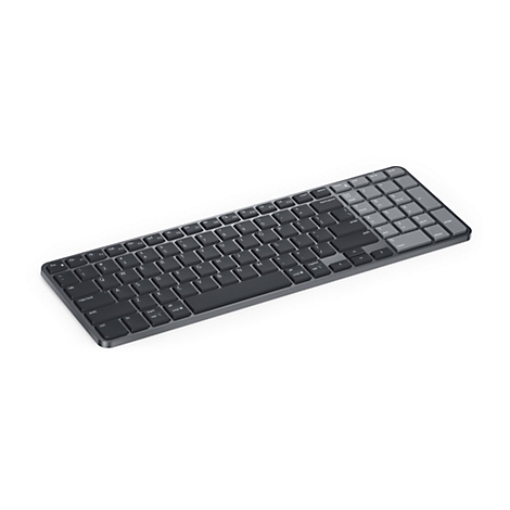 Dunkelgraue, flache kabellose Tastatur in perspektivischer Ansicht vor weißem Hintergrund.