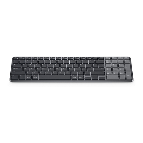 Flache, graue kabellose Tastatur in Draufsicht vor weißem Hintergrund.