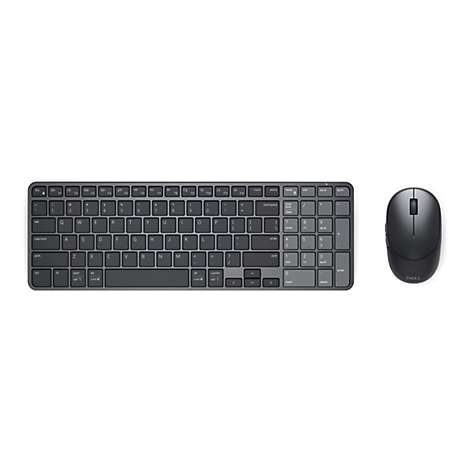 Dunkelgraue, kabellose Dell Tastatur mit Ziffernblock und passende, ergonomische Funkmaus vor weißem Hintergrund.