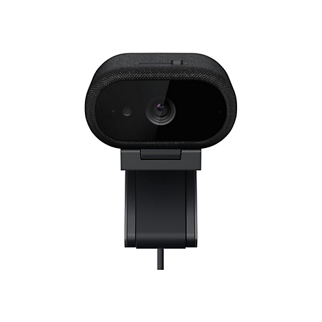 Schwarze Webcam mit Stoffgehäuse und Halterung vor weißem Hintergrund.