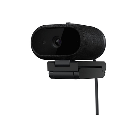 Schwarze Webcam mit Stoffummantelung und flexibler Halterung vor weißem Hintergrund.