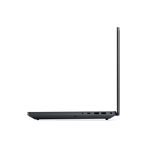 Seitenansicht eines schlanken, dunkelgrauen Laptops mit sichtbaren Anschlüssen, freigestellt vor weißem Hintergrund.