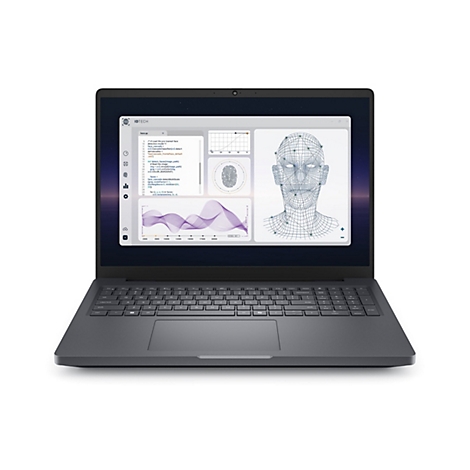 Laptop mit einer Software zur Gesichtserkennung und Datenanalyse auf dem Display vor grauem Hintergrund.
