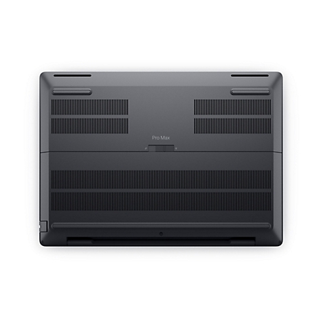 Unterseite eines dunkelgrauen Laptops mit Lüftungsschlitzen, Gummifüßen und einem Pro Max Schriftzug.