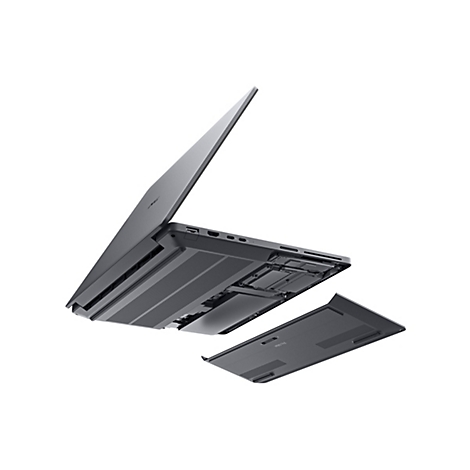 Dunkelgrauer Laptop mit geöffnetem Gehäuse, Bodenplatte liegt separat daneben, freie Sicht auf interne Komponenten.