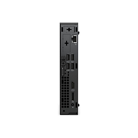Schwarzer Mini-PC mit verschiedenen Anschlüssen: HDMI, USB, Ethernet.