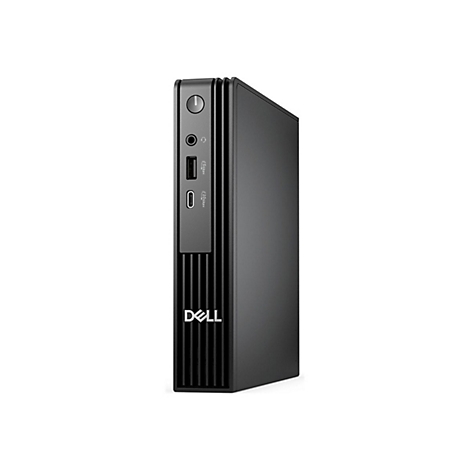 Schwarzer Mini-PC mit Dell-Logo. Power-Taste, Kopfhöreranschluss, USB-Anschlüsse sichtbar.