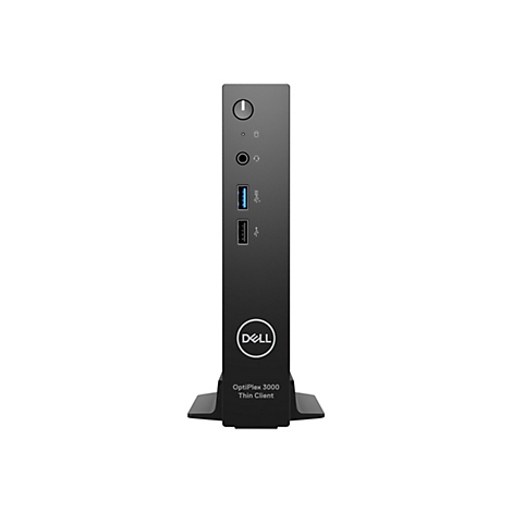 Dell OptiPlex 3000 Thin Client noir. Face avant : bouton d’alimentation, prise casque, ports USB. Logo Dell et nom du produit.