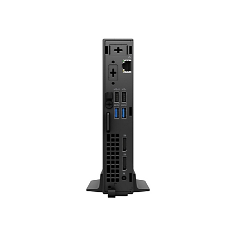 Mini-PC noir avec divers ports et emplacements, dans un support sur fond blanc. L'accent est mis sur l'arrière de l'appareil.