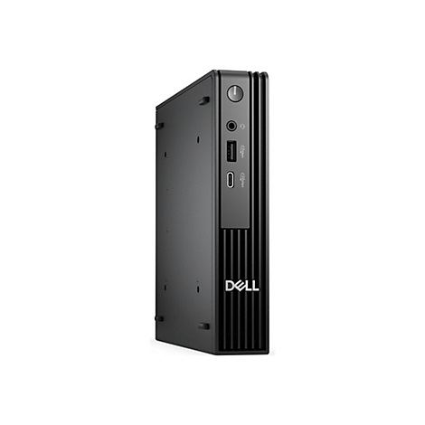 Mini-PC noir avec logo Dell. Dessus avec bouton d'alimentation, prises audio et ports USB.