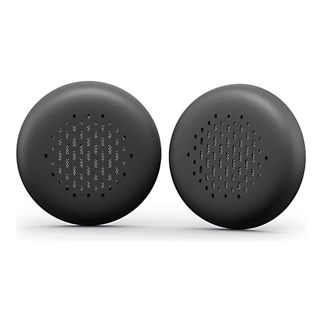 Deux coussinets d'oreille noirs et ronds. Au milieu, un motif de trous. Ils sont posés sur un fond blanc.