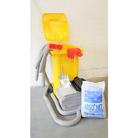 Yellow waste container with accessories: broom, gloves, oil absorbent, scoop, grey absorption hoses and a bag with 'ABSO NET' print.