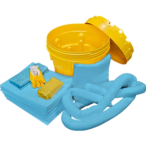 Yellow bucket with lid and contents. Blue cloths, hose, glove. Intended for oil absorption.