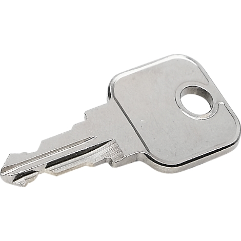 Close-up of a single, silver key. The surface is smooth, the background is white.