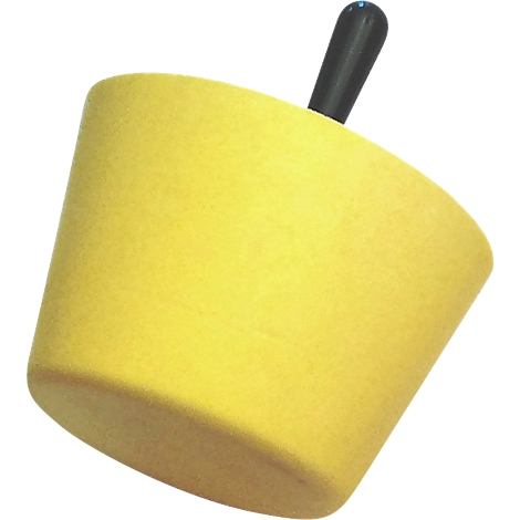 Yellow, cone-shaped object with a black handle. The shape is reminiscent of a cup or pot.