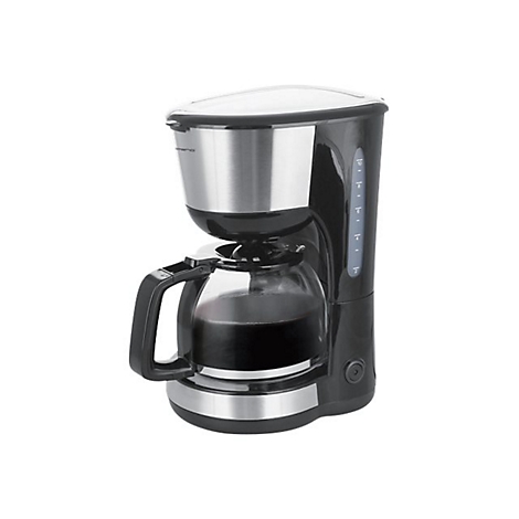 Schwarze Filterkaffeemaschine mit Glaskanne und Edelstahl-Elementen vor weißem Hintergrund.