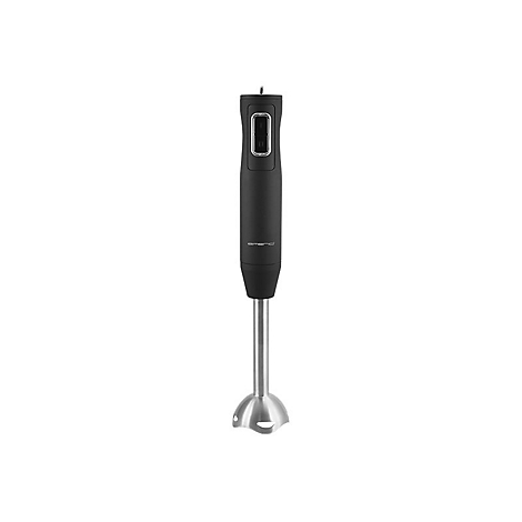 Schwarzer Stabmixer mit Edelstahlfuß vor weißem Hintergrund.