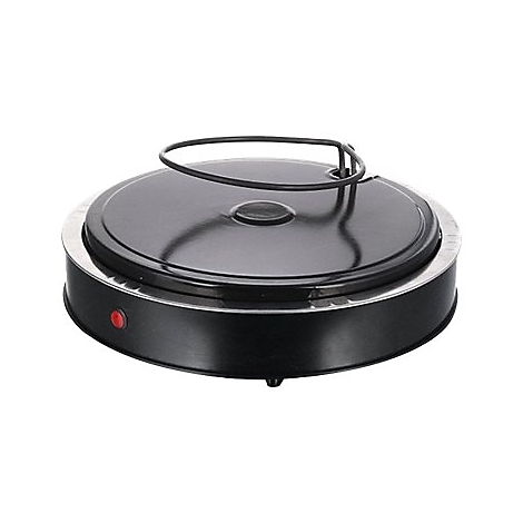 Runder elektrischer Crêpes-Maker in Schwarz mit silbernem Rand und roter Betriebsleuchte auf weißem Grund.