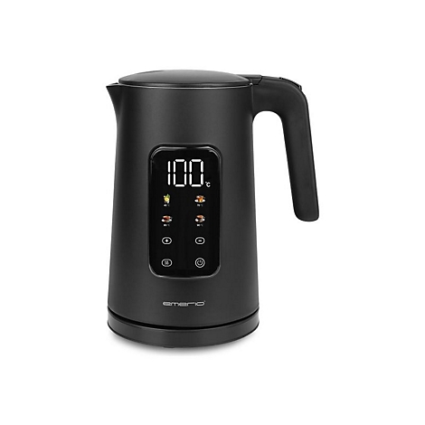 Schwarzer elektrischer Wasserkocher mit digitaler Temperaturanzeige und Touch-Bedienfeld auf weißem Hintergrund.