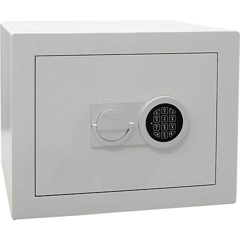 A light grey safe. It has a round keypad and a mechanical lock.