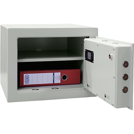 Opened safe with red file. The safe is light grey, the door is open.