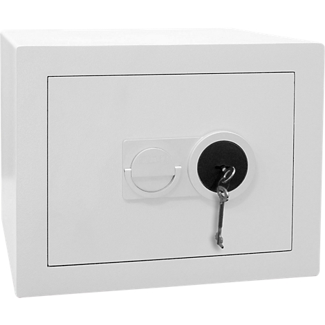 A white safe with a key inserted into the keyhole.