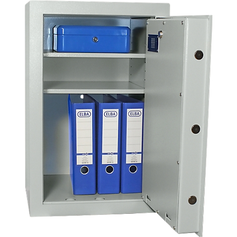 Open safe with blue box on top and three blue ELBA binders below.