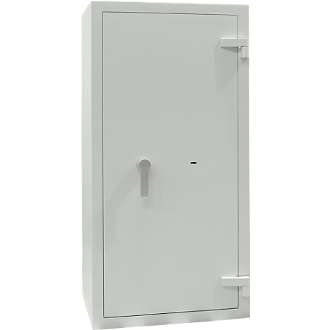 A closed gray safe. The handle and hinges are also gray.