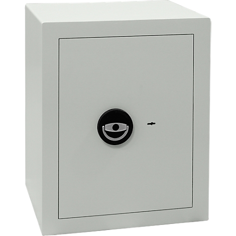 Grey safe with black turning handle and keyhole.