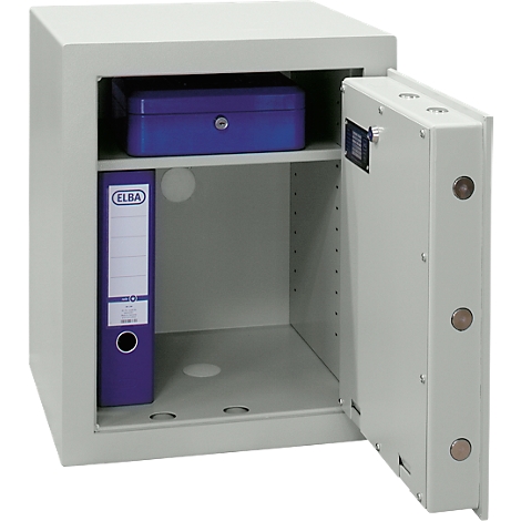 Open safe with blue file and blue box.