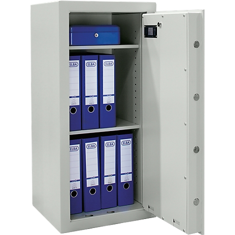 Open safe with blue folders and a blue box. The door is visible on the right.