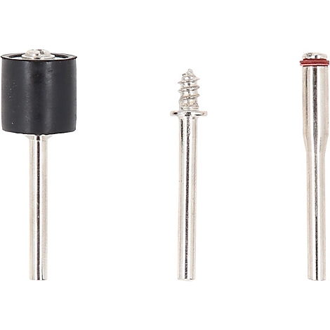 Drei Schleifwerkzeuge. Links ein schwarzer Zylinder auf einem Metallstab, in der Mitte ein schraubenförmiger Kopf, rechts ein roter Ring auf einem Metallstab.