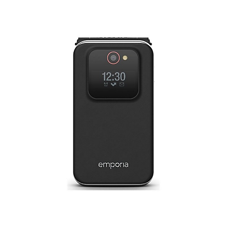 Ein schwarzes Klapphandy mit Display. Auf dem Display ist die Uhrzeit 12:30 zu sehen.