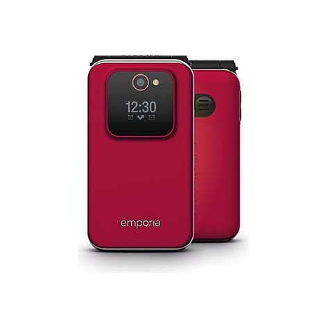 Ein rotes Klapphandy mit Display, auf dem die Uhrzeit 12:30 angezeigt wird.