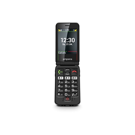 Schwarzes emporia Klapphandy in Frontalansicht mit beleuchtetem Display und großer Tastatur.