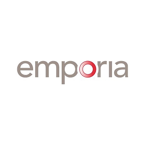 Emporia Firmenlogo in grauer Schrift mit einem leuchtend roten O.