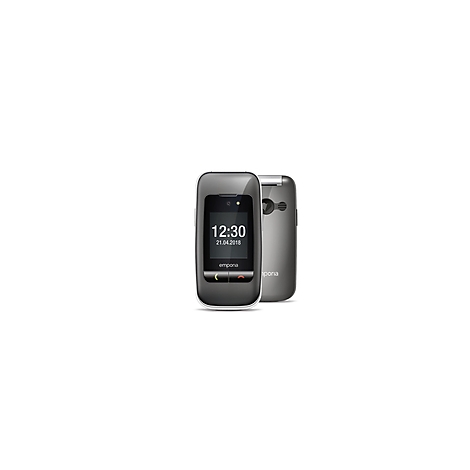 Dunkelgraues Emporia Handy, Display mit Uhrzeit und Datum. Rückseite und Logo sichtbar.