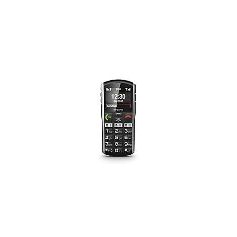 Schwarzes Senioren-Handy mit großem Display, Uhrzeit 12:30, Notruf- und Ruftasten.