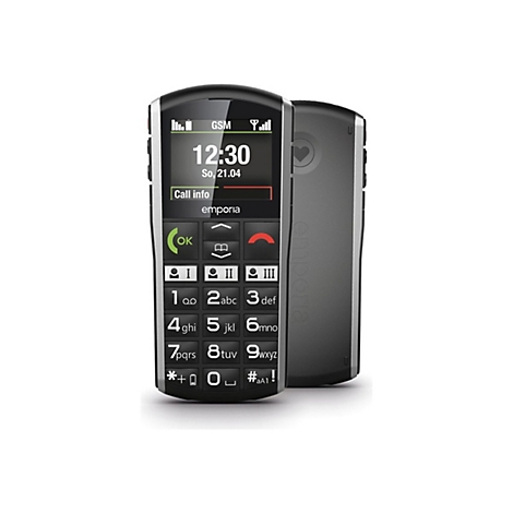 Schwarzes Emporia-Handy mit Ziffernblatt, Display mit Uhrzeit und Logo. Ein weiteres Handy steht daneben.