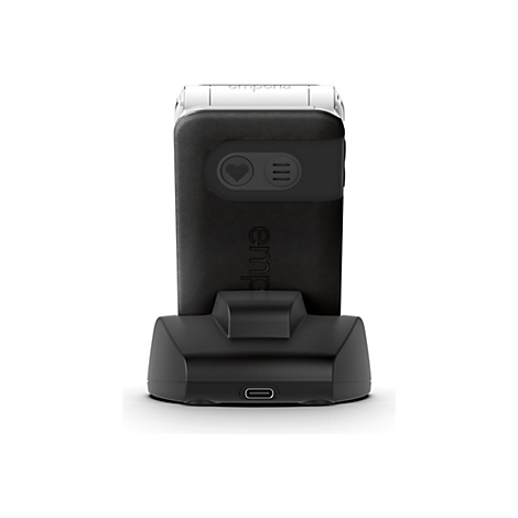 Ein schwarzes Gerät mit einem Dock, einem Herzsymbol und dem Wort "emporia".