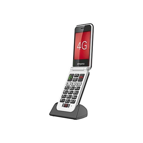 Emporia Klapphandy in Weiß und Schwarz auf einer Ladestation. Roter Bildschirm zeigt 4G an.