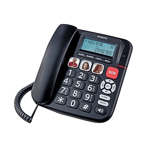 Schwarzes Festnetztelefon mit großen Tasten und SOS-Knopf. Auf dem Display sind Uhrzeit und Telefonnummern zu sehen.