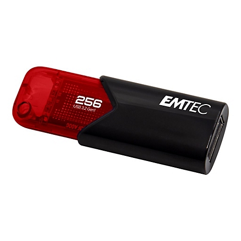 Emtec USB-Stick mit roter transparenter Kappe und schwarzem Gehäuse, beschriftet mit 256 GB und USB 3.2 Gen1.