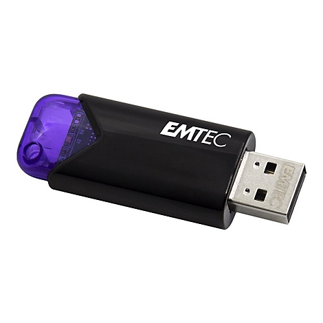 Schwarzer Emtec USB-Stick mit violettem, durchscheinendem Endstück vor weißem Hintergrund.
