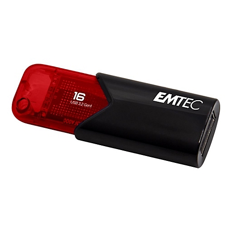 Emtec USB-Stick mit rotem, transparentem Gehäuse und schwarzer Schutzkappe, beschriftet mit 16 GB USB 3.2 Gen1.