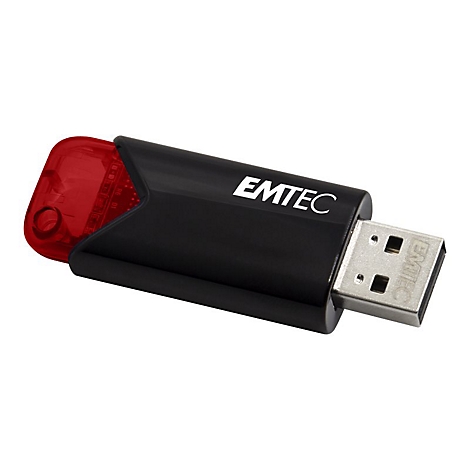 Schwarzer Emtec USB-Stick mit rotem, transparentem Endstück vor weißem Hintergrund.