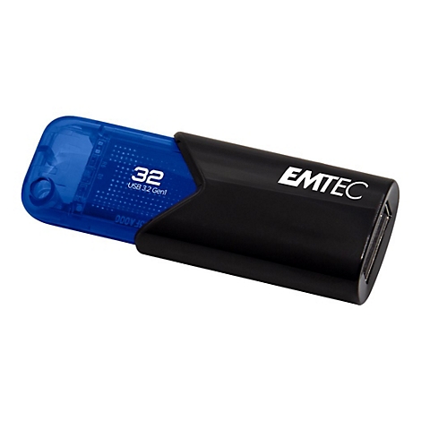 Schwarzer und blauer Emtec USB-Stick mit 32 GB Kapazität vor weißem Hintergrund.