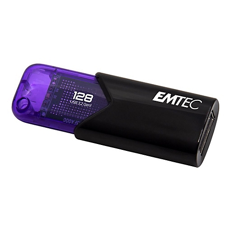 Schwarzer Emtec USB-Stick mit violettem, transparentem Gehäuseteil und 128 GB Kapazität vor weißem Hintergrund.