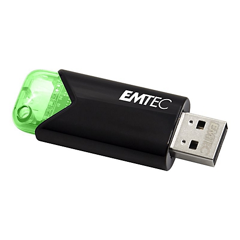 Schwarzer Emtec USB-Stick mit durchsichtiger, hellgrüner Schutzkappe vor weißem Hintergrund.